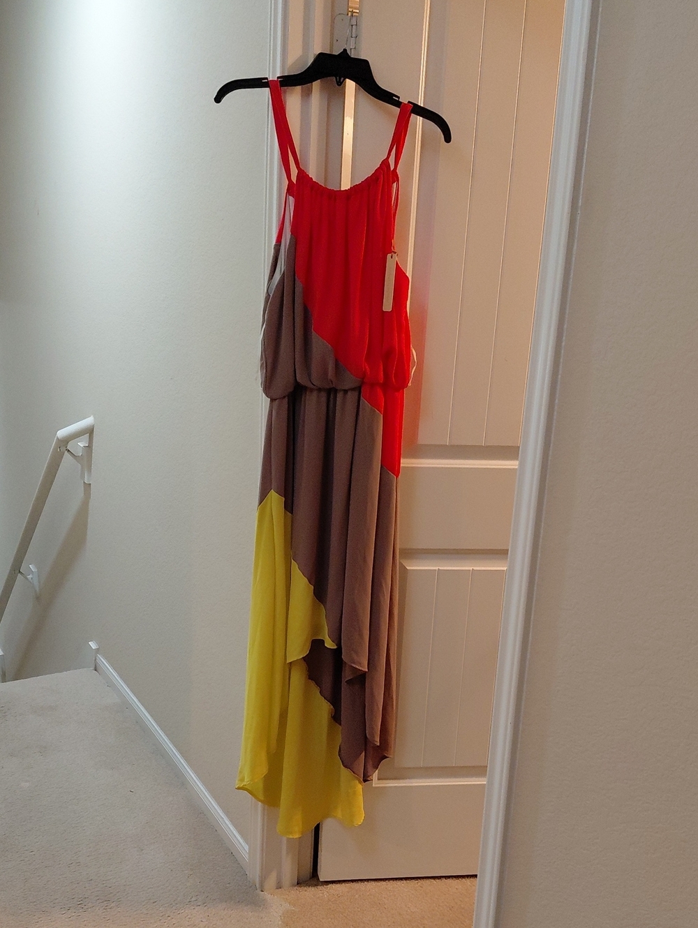 Colorblock Spaghetti Strap Maxi Dress - Orange, Taupe & Yellow